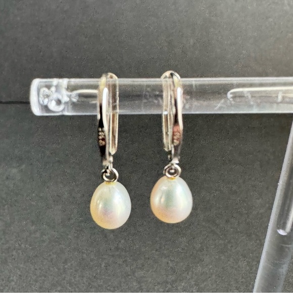 Pearl Earrings Sterling Silver Drop Dangle Dainty Simple Bridal Bride Wedding - Picture 3 of 9